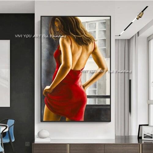 Large Size Hand Painted Sexy Women with Red Dress Figure Oil Painting Wall Art Modern Office Wall Canvas Home Decoration Gift
