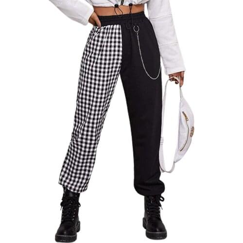 Women Spring Casual Pants, Plaid Match Color High Elastic Waist Slacks with Chains Decoration for Girls, Black