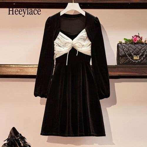 Cyanlee plus size sexy black velvet mini dresses women autumn long sleeve mesh patchwork vintage A-line dresses party vestidos