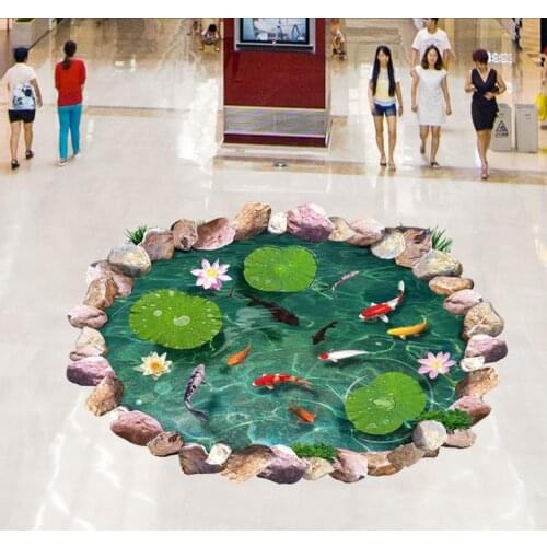 Home Decoration 3D stereoscopic lotus goldfish stone floor 3d floor wallpapers PVC waterproof floor