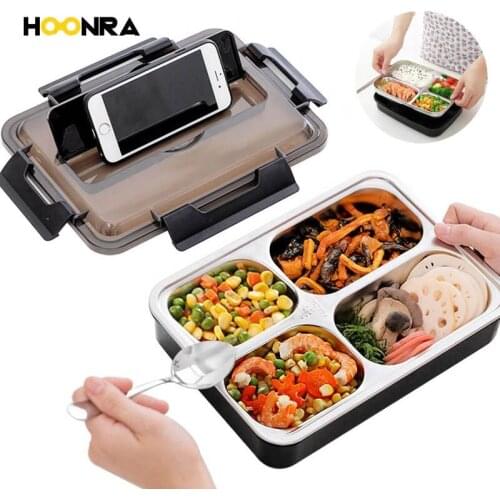 HOONRA 304 Stainless Steel Lunch Box Leak-proof Bento Box Microwave Children Food Container With Fork Dinnerware