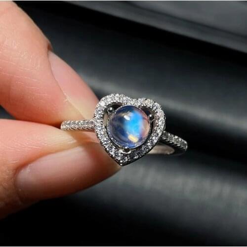 Ins designs Engagement Wedding Rings Blue Natural Moonstone Halo Heart Ring 925 Sterling Silver For Women