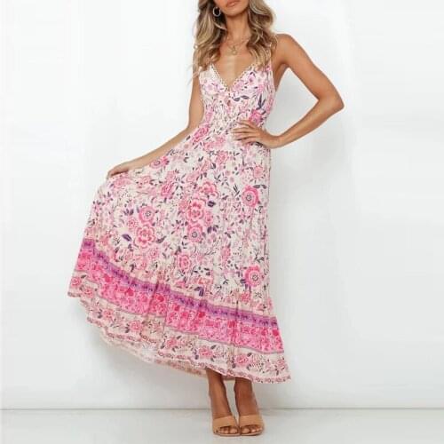 Jastie Sleeveless V-Neck Summer Dress Boho Floral Printed Boho Women Dresses Backless Sexy Maxi Long Casual Beach Vestidos 2021