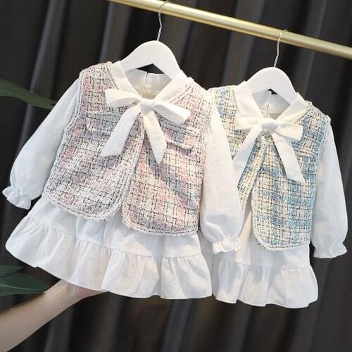 Baby Girls Clothing Set Classic Plaid Lace Dress With Vest Two Pcs Kids Spring Autumn Elegant Suits Child Vestido12M-5Y