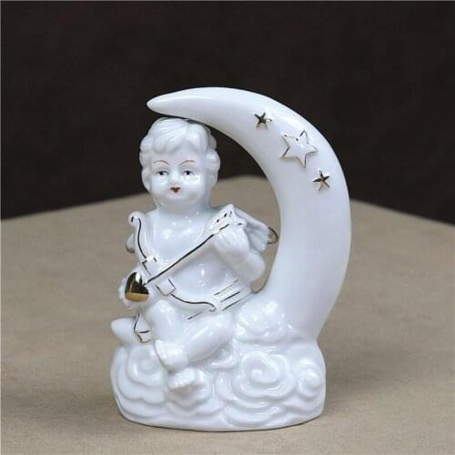 European Porcelain Moon Cupid Miniature Ceramic Doll Amor Angel Figurine Home Decor Art and Craft Present Ornament Accessories