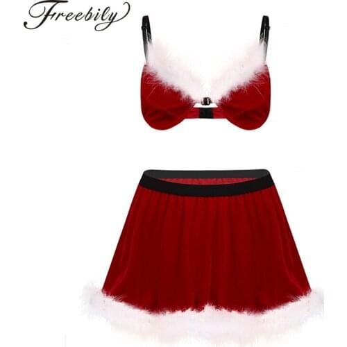 Men Adults Sexy Lingerie Exotic Sets Velvet Feathered Sissy Christmas Santa Costume Bra Top with Elastic Waistband Short Skirt