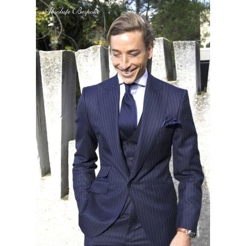 2017 Latest Coat Pant Designs Navy Blue Stripes Men Suit Slim Fit 3 Piece Tuxedo Custom Groom Suits Prom Blazer Terno Masculino