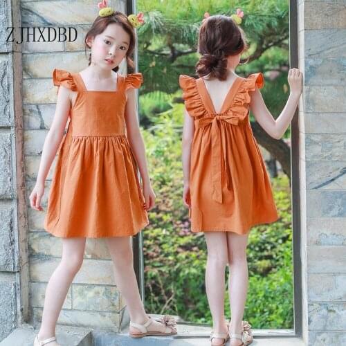 2020 Summer New Childrens Clothing Korean Dress Bow Tie Wholesale Petal Sleeve Childrens Dresses Orange Solid Girls Clothes