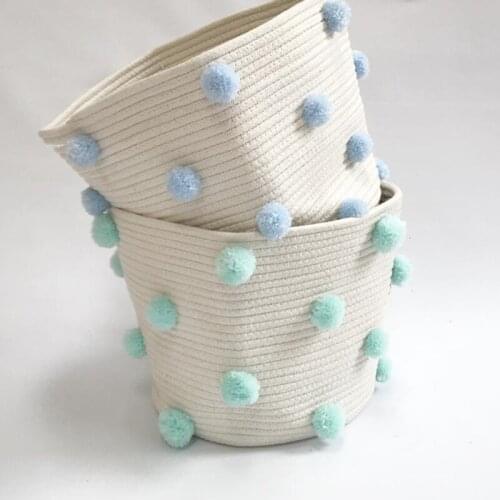 New Hot Nordic Cotton Rope Knitted Pom Decoration Laundry Basket Toy Storage Bucket for Home SMR88