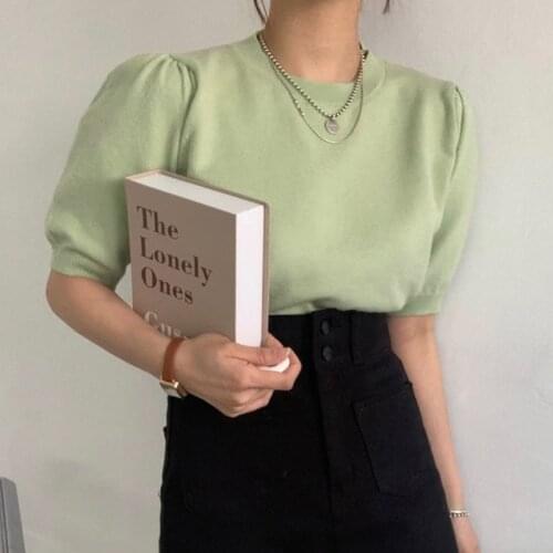 Round Neck Puff Sleeve Knitted Pullovers Women T-Shirts 2021 Spring Autumn Korean Chic Age-Reducing Candy Color Loose