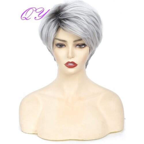 QY Short Black Ombre Grey Natural Curly Wigs Synthetic Hair Wigs For Women With High Temperature Synthetic Fiber Grandma Wig