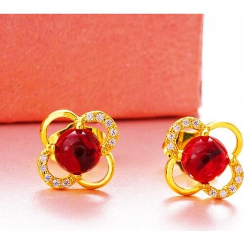 Four-leaf Clover Micro-inlaid Zircon Stud Earrings Classic Women Jewelry Yellow Gold Filled Fashion Gift
