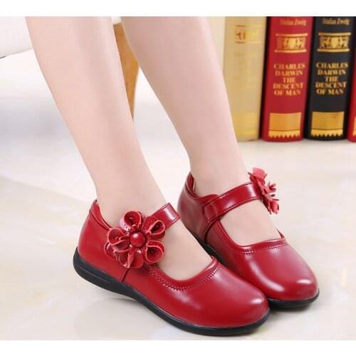 Kids Girls Flower Children Genuine Leather Shoes For Girls School Red Black Pink Christmas Party Wedding Dance Dress Shoes New
