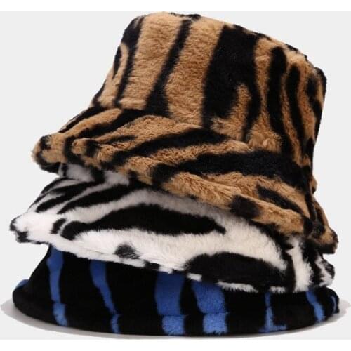 Autumn Winter Warm Bucket Hat For Women Faux Rabbit Fur Black White Blue Stripes Fishing Cap Lady Panama Flat Top Basin Hats