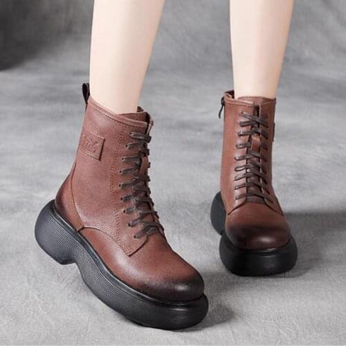 Women Shoes Lady Genuine Leather Zip Round Toe Platform Boots 2021 New Autumn Winter Handmade Concise Lace-up Ladies Boots Mujer