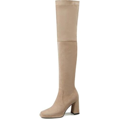 Side Zipper Suede Thigh High Women Boots 2021 Sexy Fall Winter Warm Fur Square Toe High Heels Party Elastic Stretch Shoes Ladies