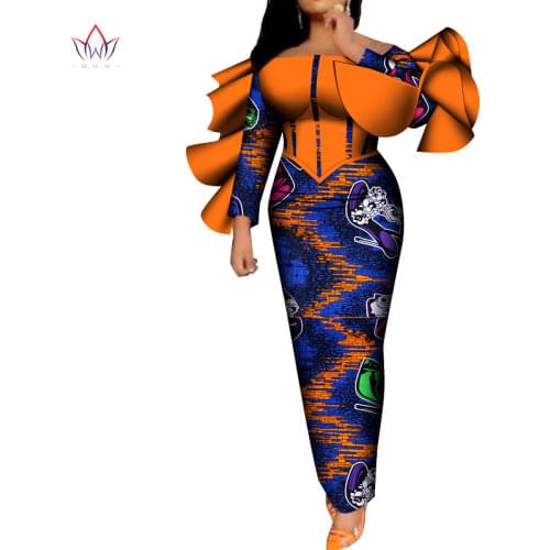 New BintaRealWax African Clothes for Women African Dress Flared Long Sleeves Lady Print Wax Dress Tunic Dress WY8646