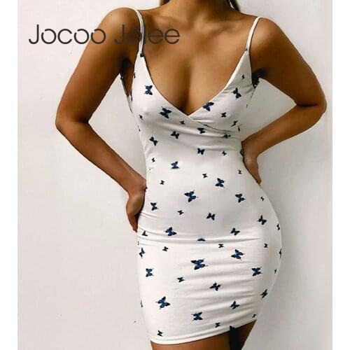 Jocoo Jolee Y2K Bow Printing Pleated Women Off Shoulder Skinny Deep V-Neck Summer Sexy Camisole Mini Dress Backless Elegant