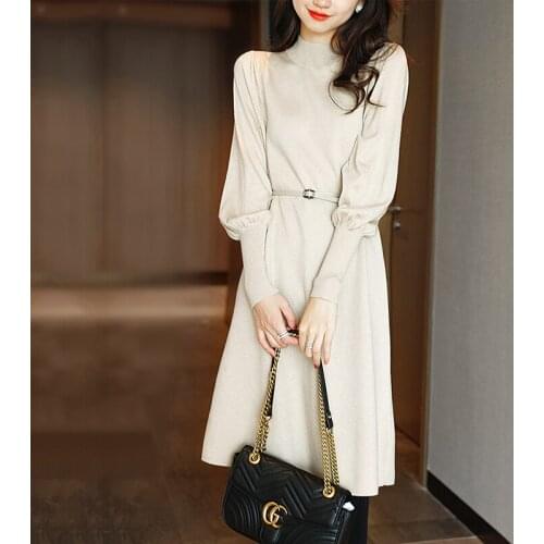 Elegant Sweater Dress Women 2021 Autumn Winter Puff Sleeve Knitted Long Dress With Belt Plus Size Warm Dresses vestidos