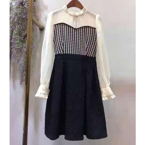 New Korean Style Dress 2021 Autumn Winter Vintage Party Women Geometric Print Patchwork Long Sleeve A-Line Dress Elegant Ladies