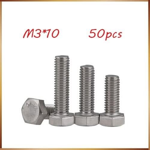 50pcs M3 10mm M3*10mm 304 Stainless Steel SS DIN933 Full Thread HEX Hexagon Head Screw m3 screws