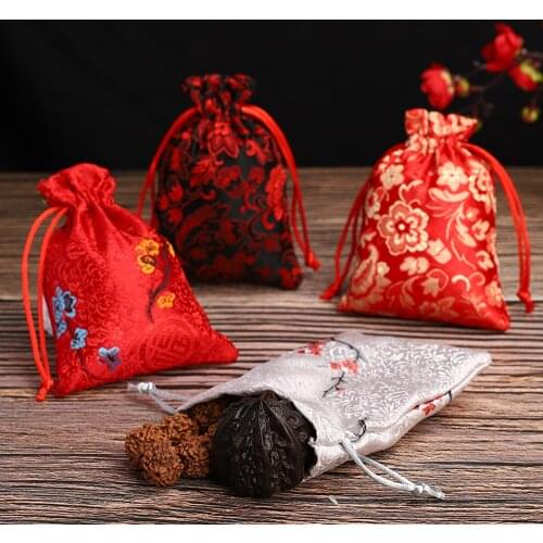 Satin Embroidered Vintage Storage Bag Christmas Drawstring Gift Bag Wedding Birthday Jewllery Packing