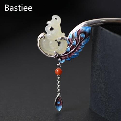 Bastiee 925 Sterling Silver Hair Stick Jade Luxury Chinese Wedding Jewelry Vintage Hairpins Women Cloisonne Jewellery