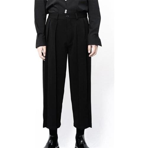Spring and autumn new mens Japanese style casual pants culottes classic black pleated loose wide leg nine split pants