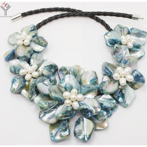 Wedding Women Jewelry natural white pearl 5 flower pendant Bright light blue shell mother of pearl necklace black leather 18"