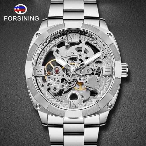 FORSINING Business Men Watches Stainless Steel Military Wristwatch Skeleton Automatic Mechanical Male Clock relogio masculino