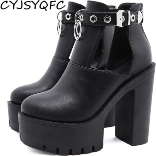CYJSYQFC Metal Rivet Punk Cool Street Shoes Platform T Strap Women Black Leather Boots Belt Buckle Thick Bottom Lady Ankle Boots