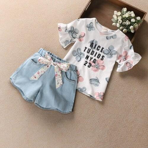 Girls Floral Printed Clothing Sets Butterfly Pattern Tops + Blue Shorts 2Pcs Clothes Sets Teenage Casual T-shirts Sets Age 4-15Y