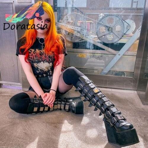 DORATASIA Big Size 43 Female Boots Luxury Zipper Buckle med-calf Motorcycle Boots Women Wedges Punk Goth Quality Women Shoes