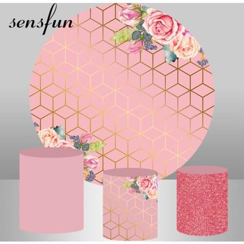 Circle Round Pink Flowers Gold Pattern Photography Backgrounds Girls Lady Birthday Wedding Party Backdrops For Photo Studio