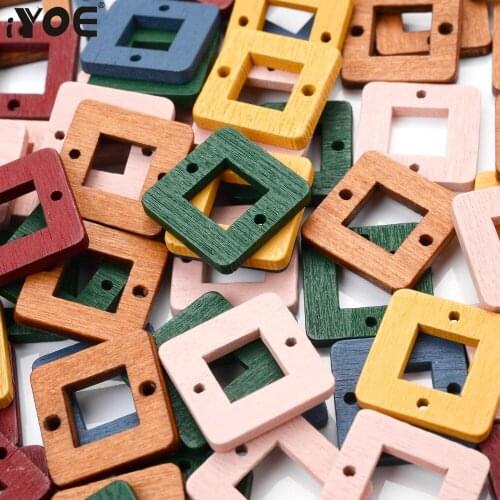 IYOE 30pcs/Lot 18mm Natural Wooden Geometric Charms Hollow Square Charms Connector For Making DIY Necklace Earring Pendants