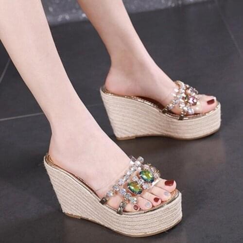 Exquisite Crystal Slope With Thick-Soled Elegant Ladies Slippers European And American Style Fashion Summer Waterproof Platform