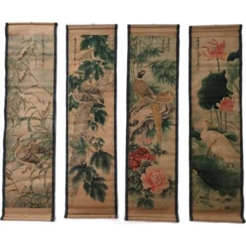 China celebrity painting old scrolls Four screen Lotus bird painting