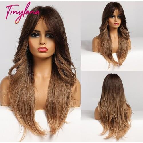 TINY LANA Long Black Gloden Honey Brown Wavy Wigs with Bangs Synthetic Wigs Natural For Women Cosplay Heat Resistant Fibre