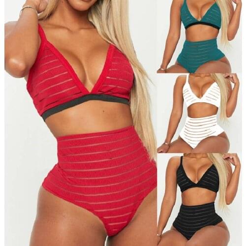 Sexy Red Bathing Women See Through Bikini Beach Wear Two Piece Set Swimming Suit for Women Push Up Swimwear Stitching Swimsuit