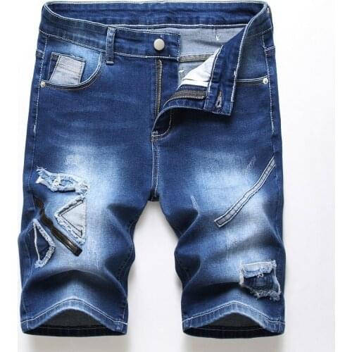 Summer shorts Mens side zipper ripped jeans Shorts Brand hole Denim Short trousers Bermuda Masculina dark blue plus size 40 42