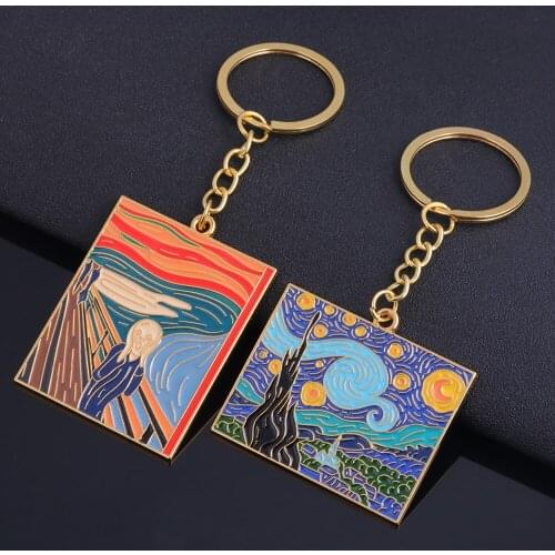 Fashion The Starry Night Van Gogh Oil Painting Keychain Starry Night art Picutre Key Chain for Women Men Car Keyring Jewelry