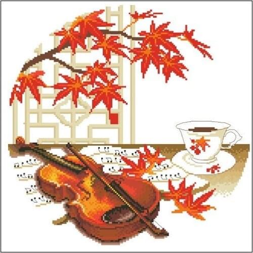 Embroidery Package Hot Sell Best Quality Cross Stitch Kits Violin Autumn Maple Tree Cup Free Shipping