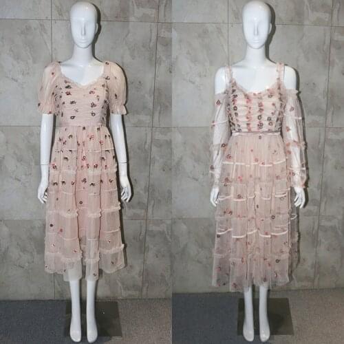 2019 new heavy industry girl mesh wave point embroidery V-neck high waist laminated Fairy Holiday Dress