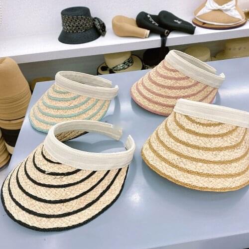 2021 New Summer Handmade Raffia Sun Visor Striped Sport Cycling Empty Top Beach Sun Cap Men Women Casual Hat Casquette Femme Ete