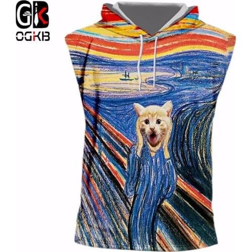 OGKB Gyms Clothing Men Tank Top With Hooded Print Animal Cat 3d Hooded Tank Tops Workout Singlet Sleeveless Shirt Dropshipping