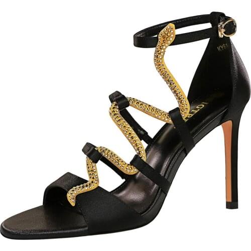 European and American sexy nightclub summer thin heel high heel silk hollow out snake shaped diamond womens sandals