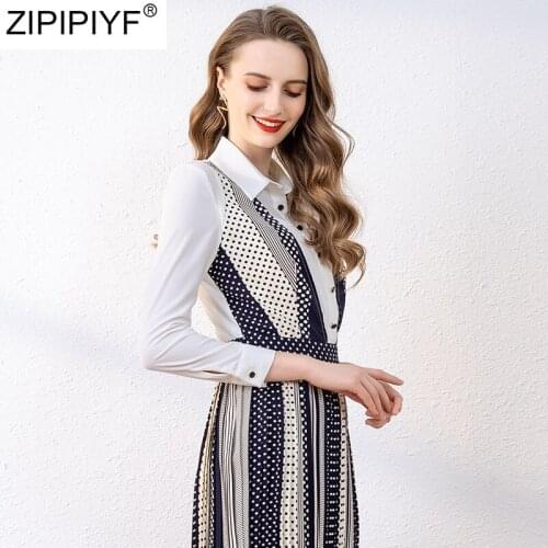 2020 Spring Summer New Dresses Turn-down Collar Full Sleeves Polka Dots Printed Knee-Length A-Line Dress Patchwork Vestidos