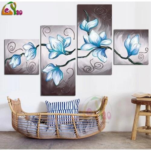 Full Square Diamond Painting 5D Diy Blue Magnolia 4pcs Diamond Embroidery multi-picture Cross Stitch Home Decorations Gifts