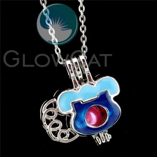 R-K1007 Blue Enamel Telephone Beads Cage Pendant Essential Oil Diffuser Pearl Cage Locket Necklace