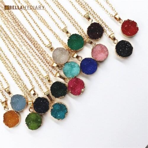 Pink Green Black Geode Crystal Necklace Round Bullet Reiki Chakra Natural Resin Necklace Pendant Women Jewelry